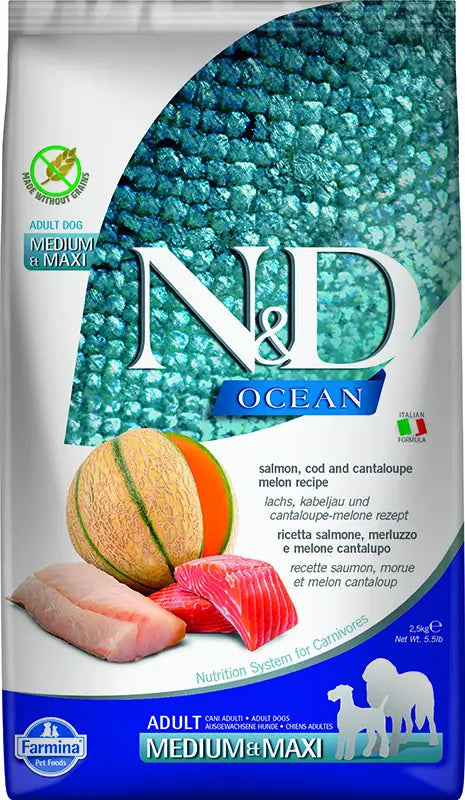 Farmina N&D Dog Ocean Salmon Bacalao Medium Maxi 2,5Kg, pienso para perros