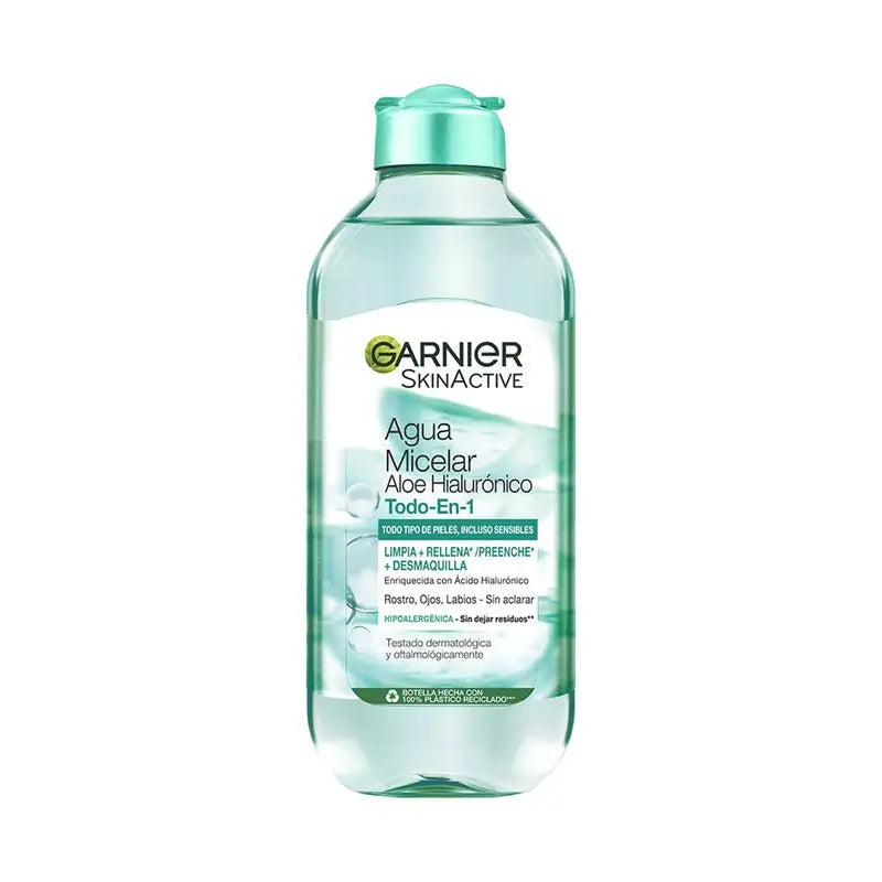 Garnier Micellar Aloe Hyaluronic Micellar water água micelar tudo-em-um para todos os tipos de pele, limpa, remove a maquilhagem e repõe.