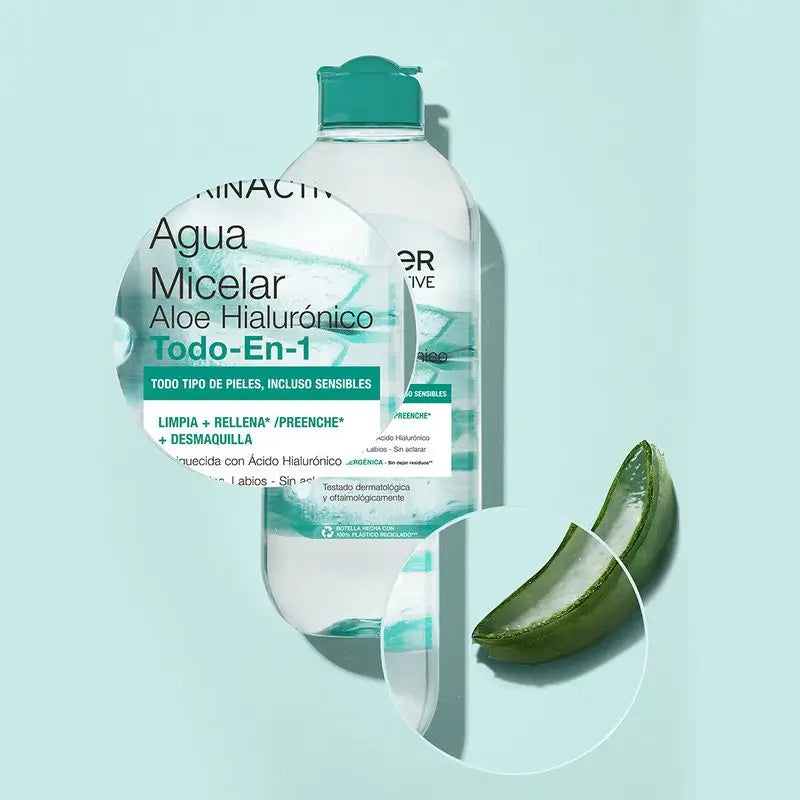 Garnier Micellar Aloe Hyaluronic Micellar water água micelar tudo-em-um para todos os tipos de pele, limpa, remove a maquilhagem e repõe.