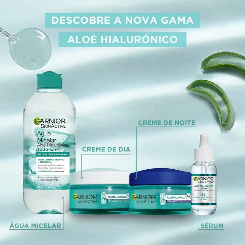 Garnier Micellar Aloe Hyaluronic Micellar water água micelar tudo-em-um para todos os tipos de pele, limpa, remove a maquilhagem e repõe.