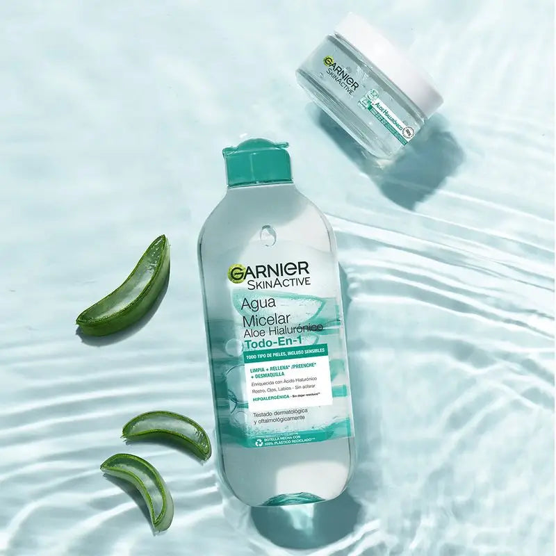 Garnier Micellar Aloe Hyaluronic Micellar water água micelar tudo-em-um para todos os tipos de pele, limpa, remove a maquilhagem e repõe.