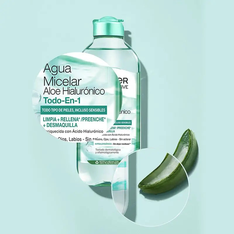 Garnier Micellar Aloe Hyaluronic Micellar water água micelar tudo-em-um para todos os tipos de pele, limpa, remove a maquilhagem e repõe.