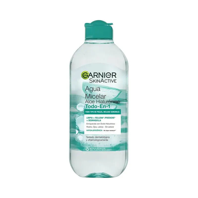 Garnier Micellar Aloe Hyaluronic Micellar water água micelar tudo-em-um para todos os tipos de pele, limpa, remove a maquilhagem e repõe.