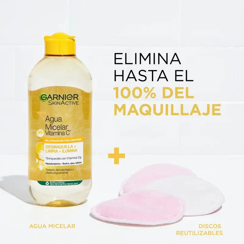 Garnier Vitamin C Micellar Water limpa, remove a maquilhagem e ilumina a pele baça. Fórmula hipoalergénica , 400 ml