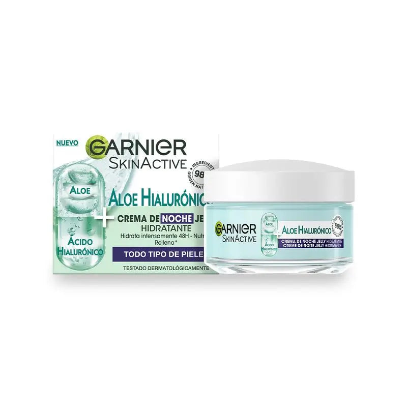 O creme de noite Garnier Skin Active Aloé Hialurónico com ácido hialurónico, aloé vera e óleo de argão, hidrata 48H e nutre.