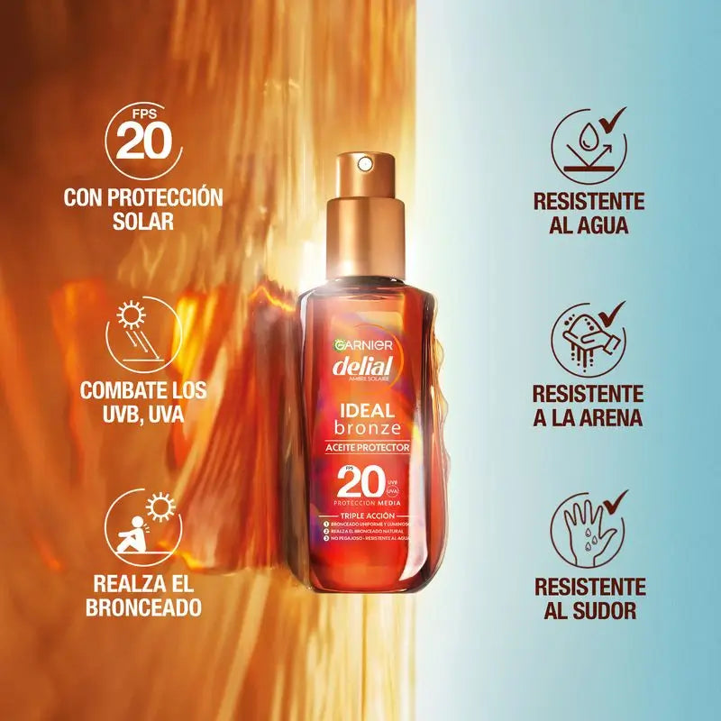 Garnier Delial Óleo Bronzeador Protetor SPF 20: bronzeado ideal, acetinado, resistente à água, não pegajoso, 150ml