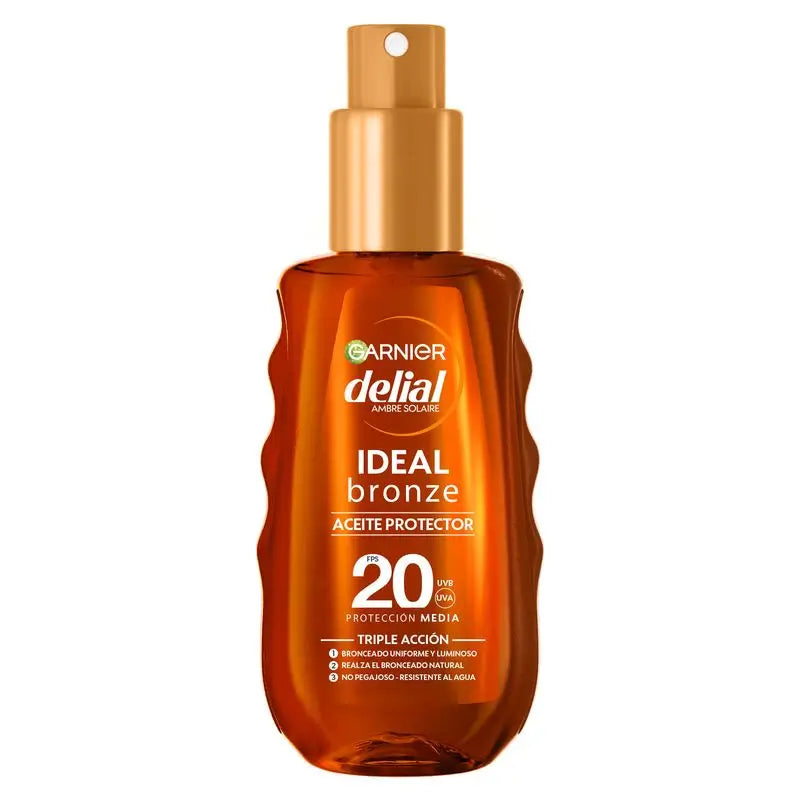 Garnier Delial Óleo Bronzeador Protetor SPF 20: bronzeado ideal, acetinado, resistente à água, não pegajoso, 150ml