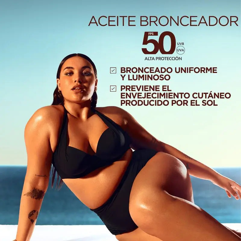 Garnier Ambre Solaire Ideal Bronze óleo protetor SPF 50 para um bronzeado uniforme, 150ml.