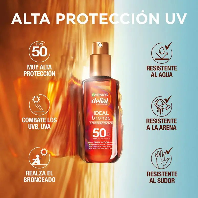 Garnier Ambre Solaire Ideal Bronze óleo protetor SPF 50 para um bronzeado uniforme, 150ml.