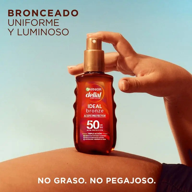 Garnier Ambre Solaire Ideal Bronze óleo protetor SPF 50 para um bronzeado uniforme, 150ml.