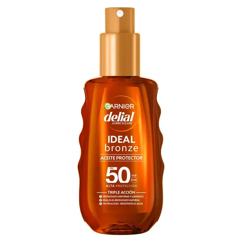 Garnier Ambre Solaire Ideal Bronze óleo protetor SPF 50 para um bronzeado uniforme, 150ml.