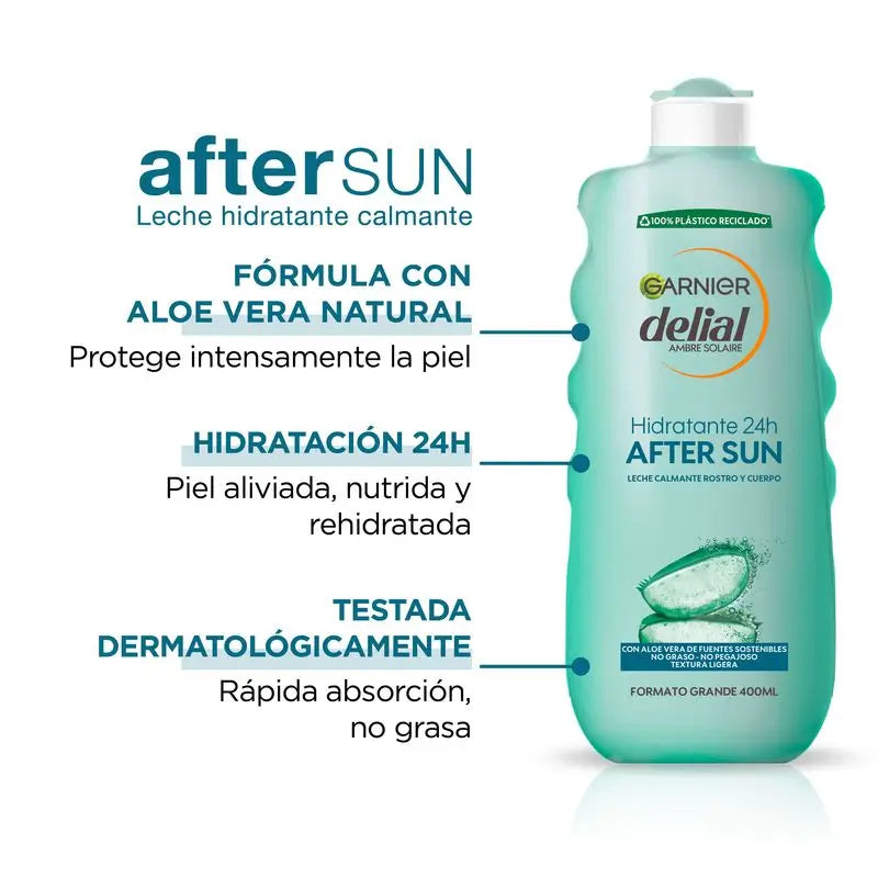 Garnier Delial After Sun Leite Suavizante para o Rosto e Corpo com Aloé Vera para Hidratar a Pele após a Exposição Solar , 400 ml