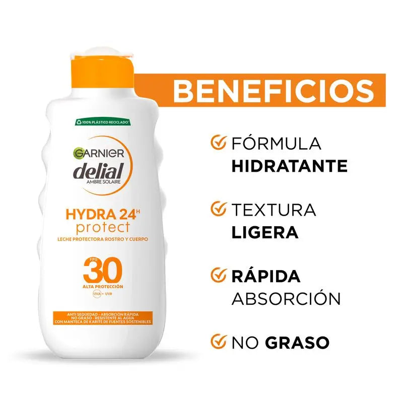 Garnier Delial Hydra 24H Protect Leite Protetor Rosto e Corpo SPF 30, Pele Suave e Hidratada , 200 ml