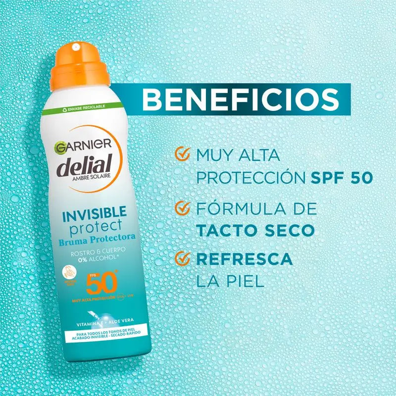 Garnier Delial Invisible Protect névoa protetora SPF50+ para rosto e corpo, com vitamina E e aloé vera, 200ml.