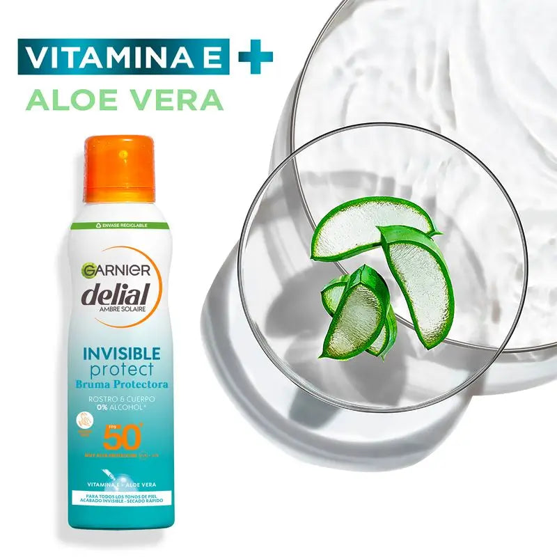 Garnier Delial Invisible Protect névoa protetora SPF50+ para rosto e corpo, com vitamina E e aloé vera, 200ml.