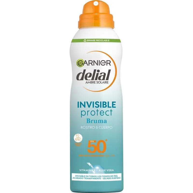 Garnier Delial Invisible Protect névoa protetora SPF50+ para rosto e corpo, com vitamina E e aloé vera, 200ml.