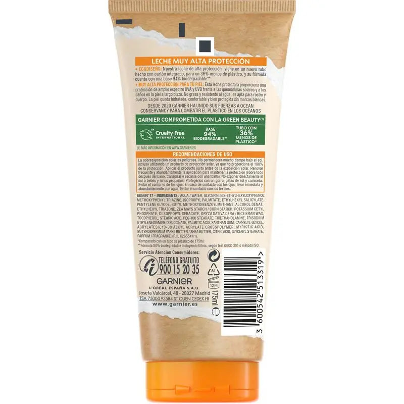 Leite protetor solar Garnier Delial SPF50+ eco concebido, fórmula 94% biodegradável, 175ml.