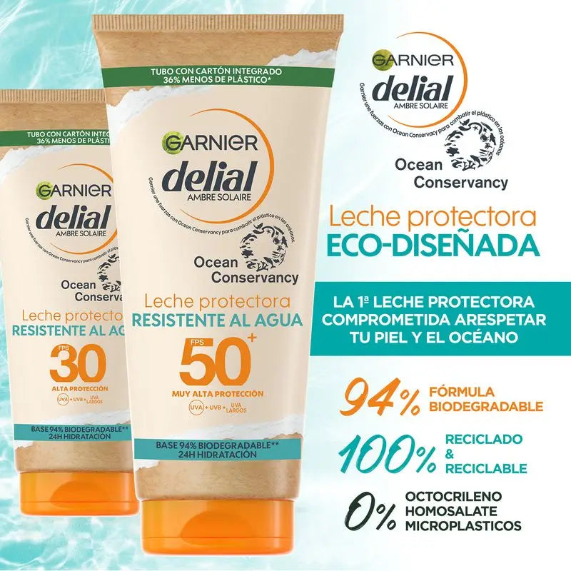 Leite protetor solar Garnier Delial SPF50+ eco concebido, fórmula 94% biodegradável, 175ml.