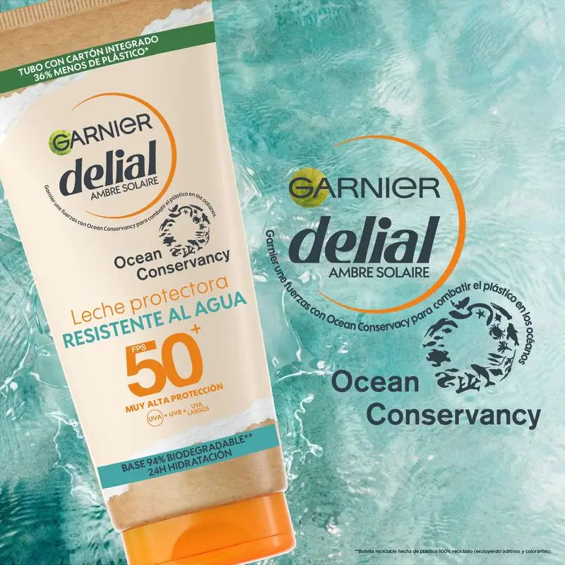 Leite protetor solar Garnier Delial SPF50+ eco concebido, fórmula 94% biodegradável, 175ml.