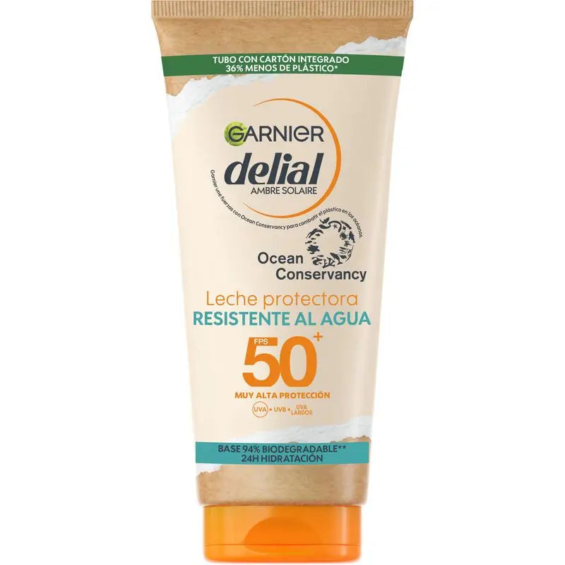 Leite protetor solar Garnier Delial SPF50+ eco concebido, fórmula 94% biodegradável, 175ml.