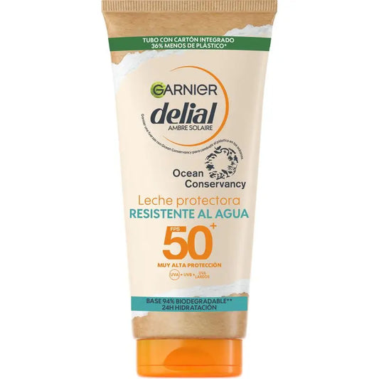 Leite protetor solar Garnier Delial SPF50+ eco concebido, fórmula 94% biodegradável, 175ml.