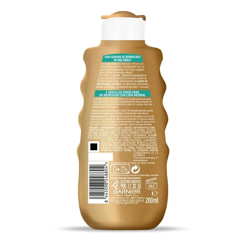 Garnier Ambre Solaire Natural Bronzer loção auto-bronzeadora com óleo de caroço de alperce, 200ml.