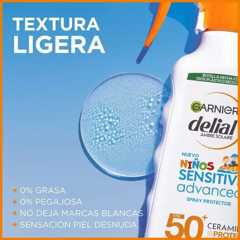 Garnier Delial spray solar infantil SPF50+ para peles claras e sensíveis, resistente à água, areia, sal e cloro, 270ml.