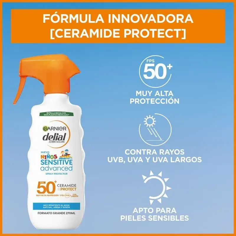 Garnier Delial spray solar infantil SPF50+ para peles claras e sensíveis, resistente à água, areia, sal e cloro, 270ml.