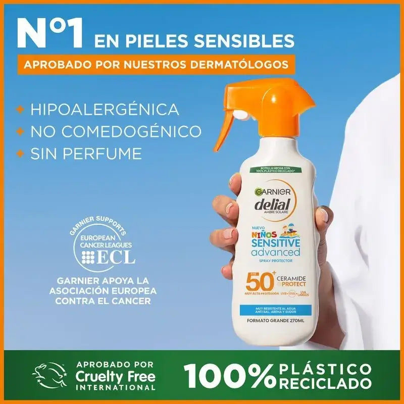 Garnier Delial spray solar infantil SPF50+ para peles claras e sensíveis, resistente à água, areia, sal e cloro, 270ml.