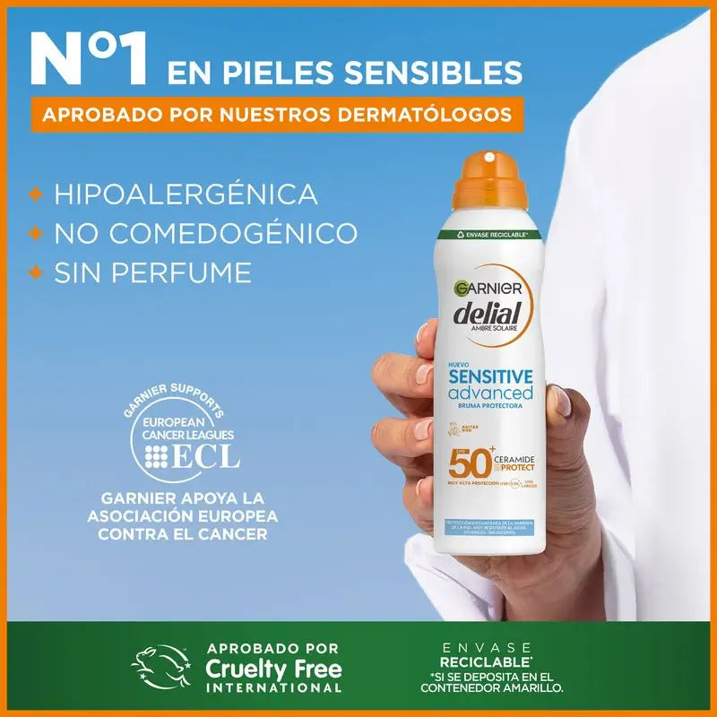 Garnier Delial Sensitive Advanced bruma protetora solar IP50+ para peles claras e sensíveis, 150ml.