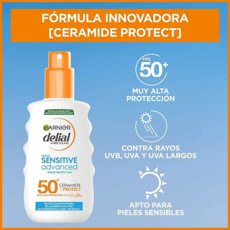 Garnier Delial Sensitive Advanced spray protetor solar IP50+ para peles claras e sensíveis, 150ml.