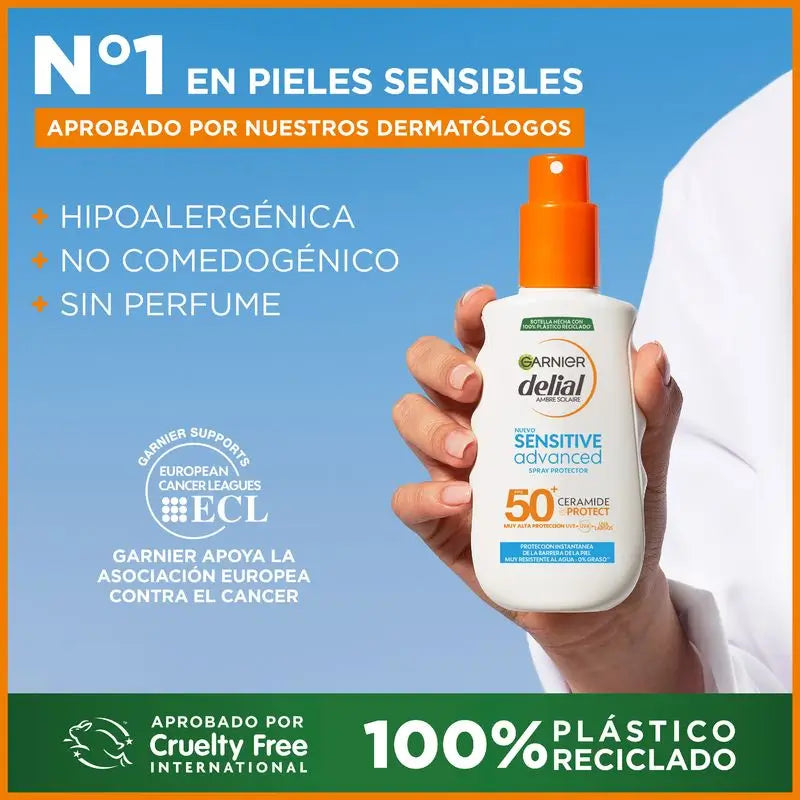 Garnier Delial Sensitive Advanced spray protetor solar IP50+ para peles claras e sensíveis, 150ml.