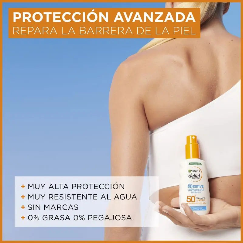 Garnier Delial Sensitive Advanced spray protetor solar IP50+ para peles claras e sensíveis, 150ml.