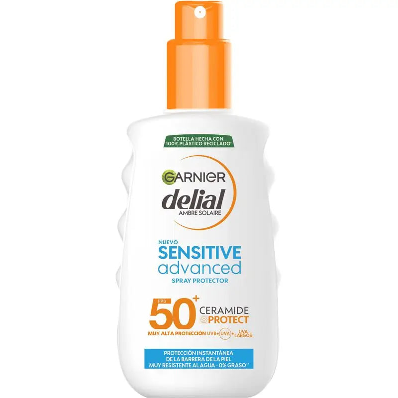 Garnier Delial Sensitive Advanced spray protetor solar IP50+ para peles claras e sensíveis, 150ml.