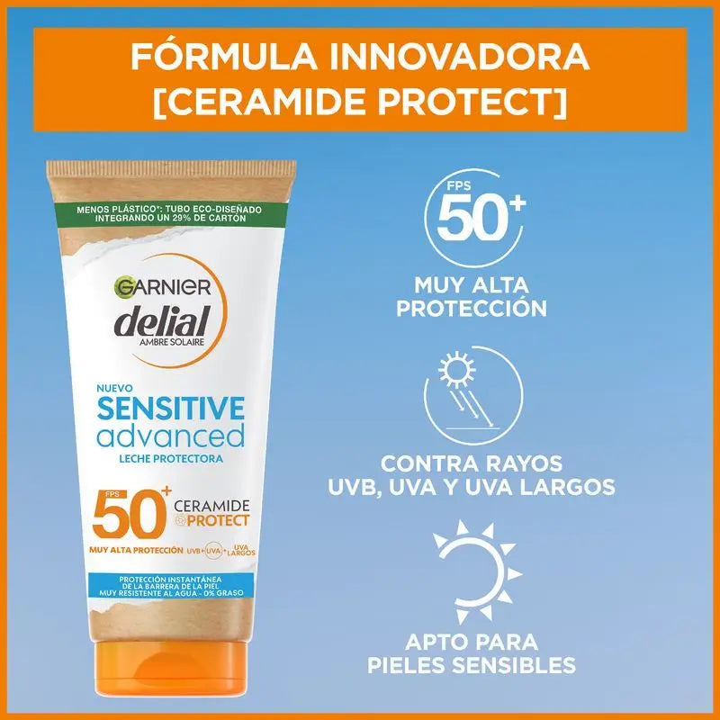 Leite protetor solar Garnier Delial Sensitive Advanced IP50+ para peles claras e sensíveis, 175ml.