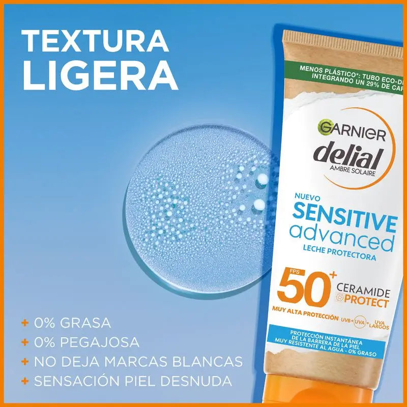 Leite protetor solar Garnier Delial Sensitive Advanced IP50+ para peles claras e sensíveis, 175ml.