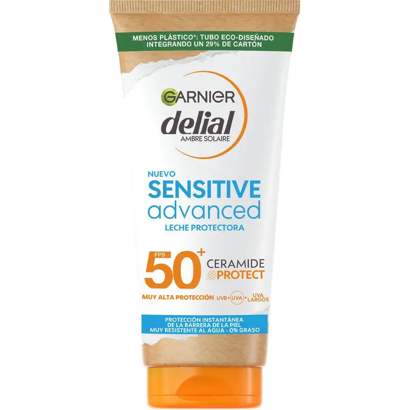 Leite protetor solar Garnier Delial Sensitive Advanced IP50+ para peles claras e sensíveis, 175ml.