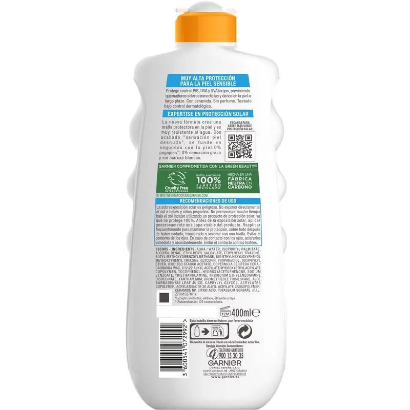 Garnier Delial Sensitive Advanced Sun Milk IP50+ muito resistente à água, não oleoso e não pegajoso , 400 ml