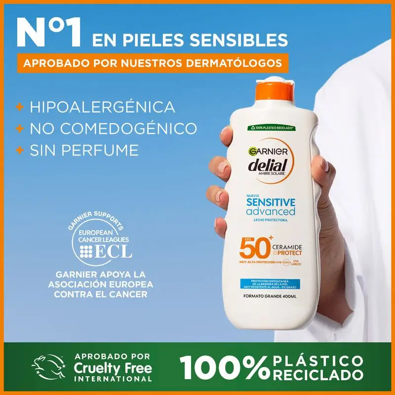 Garnier Delial Sensitive Advanced Sun Milk IP50+ muito resistente à água, não oleoso e não pegajoso , 400 ml