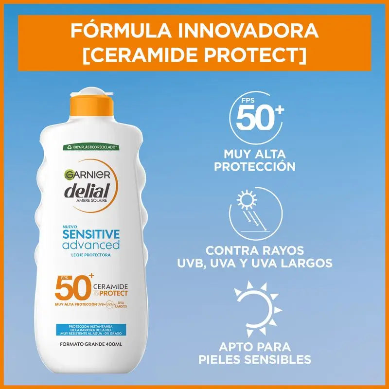 Garnier Delial Sensitive Advanced Sun Milk IP50+ muito resistente à água, não oleoso e não pegajoso , 400 ml