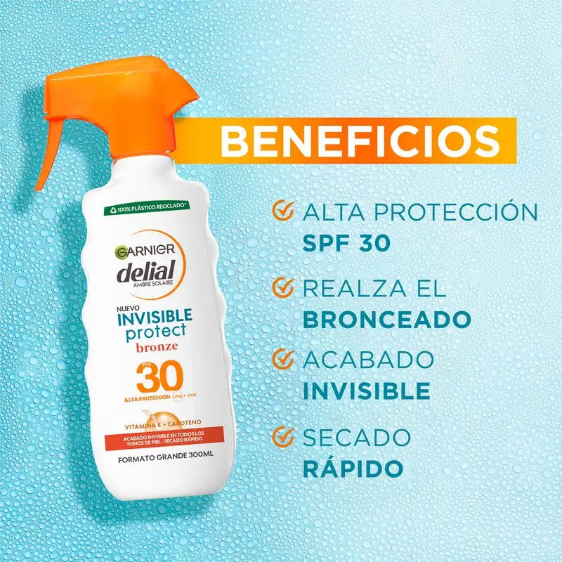 Garnier Delial Invisible Protect Bronze spray solar com vitamina E, acabamento invisível, proteção elevada SPF30, 270ml.