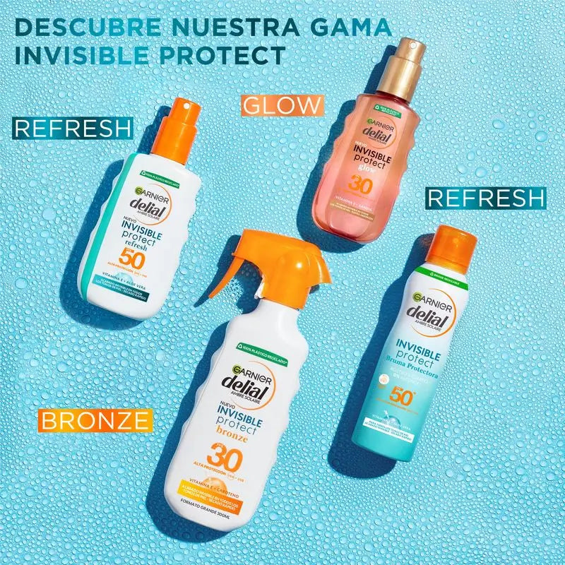 Garnier Delial Invisible Protect Bronze spray solar com vitamina E, acabamento invisível, proteção elevada SPF30, 270ml.