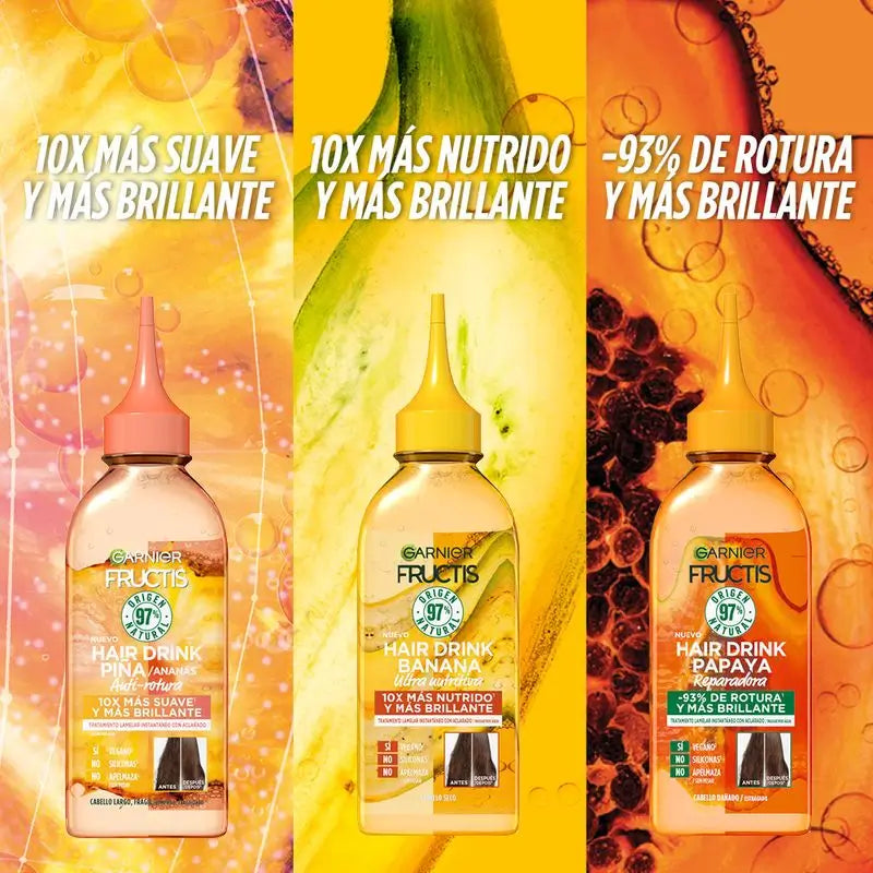 Garnier Fructis Hair Drink Ananás Tratamento Laminador Anti-Quebra. Cabelo 10X mais macio. Fórmula Vegana 97%, 200 Ml