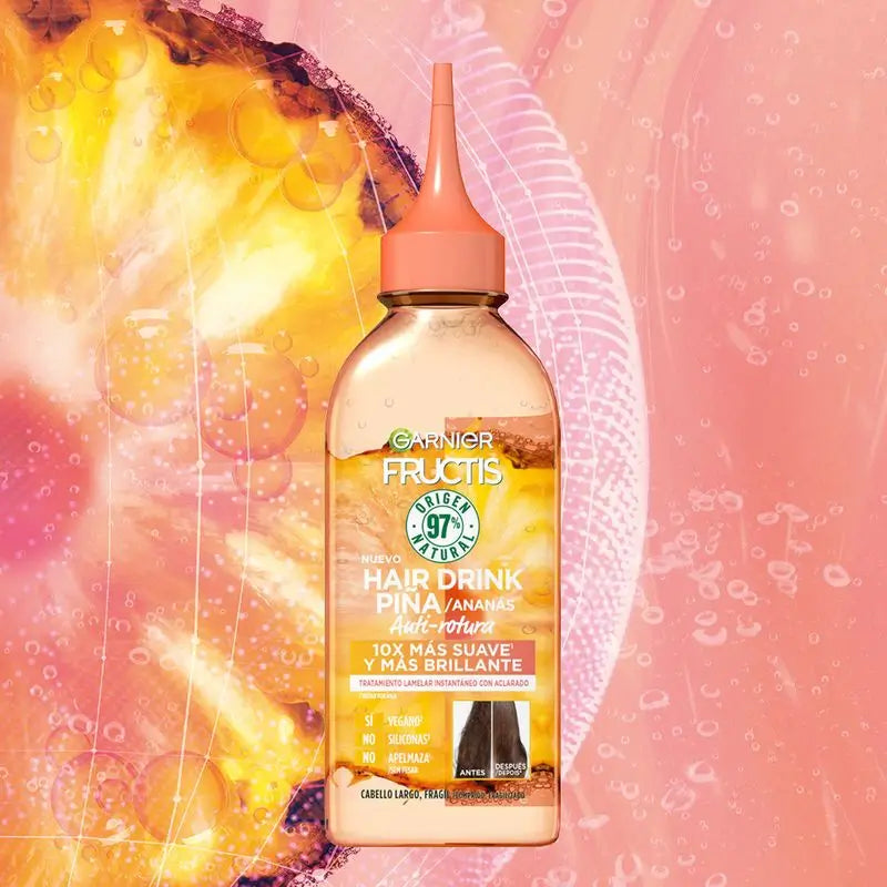 Garnier Fructis Hair Drink Ananás Tratamento Laminador Anti-Quebra. Cabelo 10X mais macio. Fórmula Vegana 97%, 200 Ml