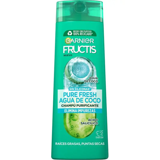 Garnier Fructis Champô Água de Coco Pura e Fresca Cabelos Normais, com Raízes Oleosas e Pontas Secas 380 Ml