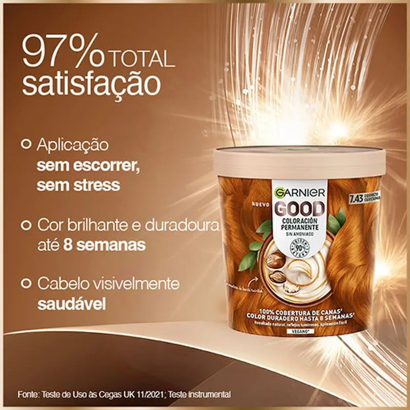 Garnier Garnier Garnier Garnier Good Coloração Permanente Sem Amoníaco, 90% Origem Natural Tonalidade 7.43 Açafrão-da-terra Cobre.