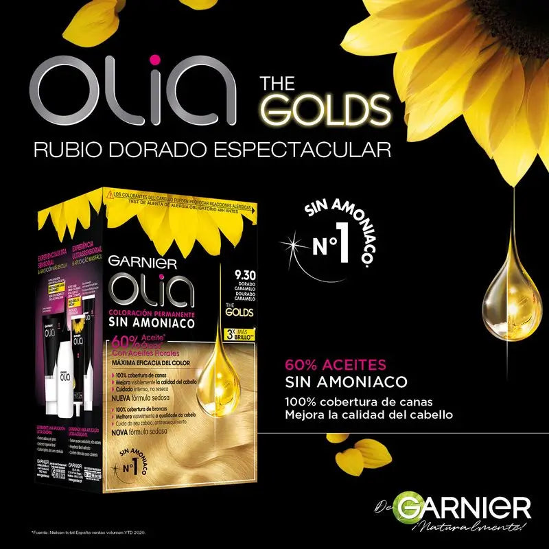 Garnier Olia Coloração Permanente Sem Amoníaco com Óleos Florais Naturais, Caramelo Dourado 9,30