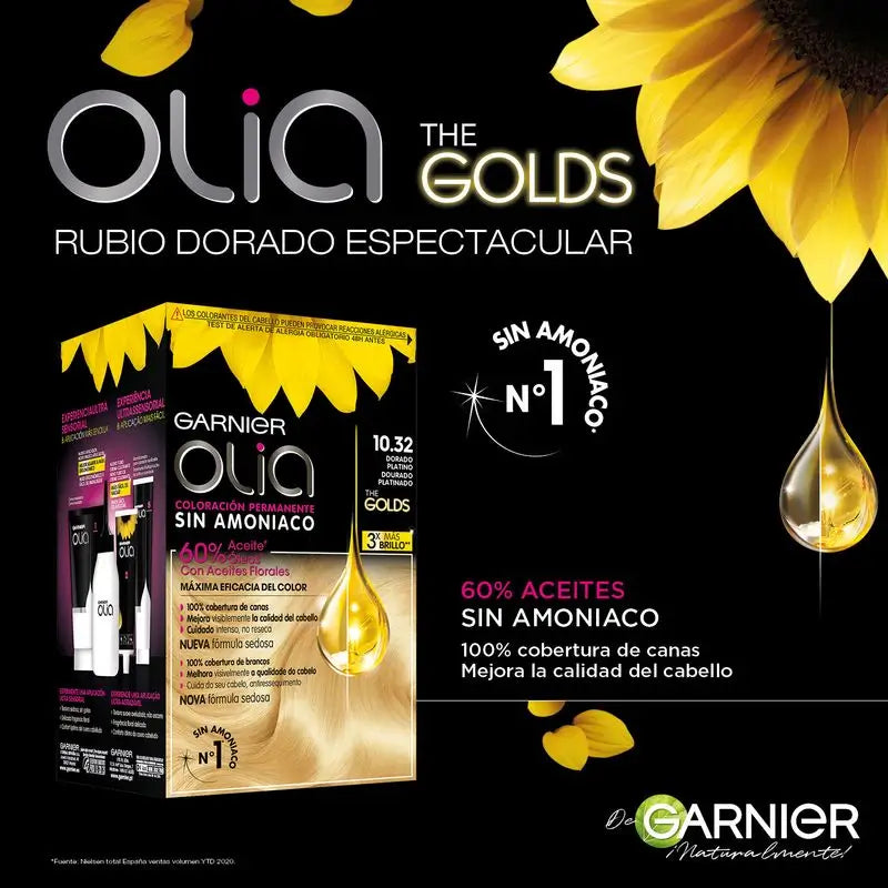 Garnier Olia Coloração Permanente sem Amoníaco com Óleos Florais Naturais, Ouro Platina 10.32