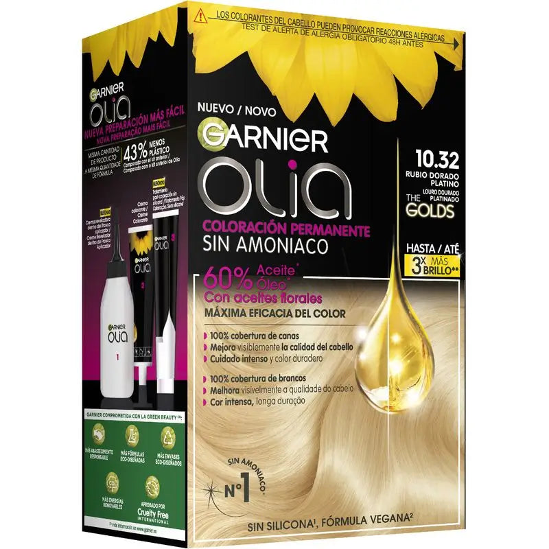 Garnier Olia Coloração Permanente sem Amoníaco com Óleos Florais Naturais, Ouro Platina 10.32