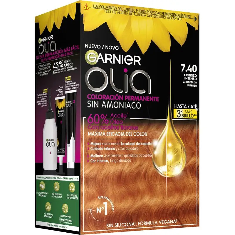 Garnier Olia Coloração Permanente sem amoníaco: cobre profundo e ousado 7.40, óleos florais, aroma agradável